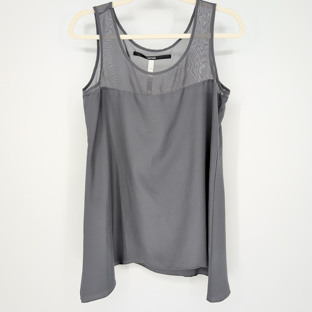Kensie Gray Sleeveless Chiffon Blouse Sheer Mesh Yoke Flowy Tank Top Sz S